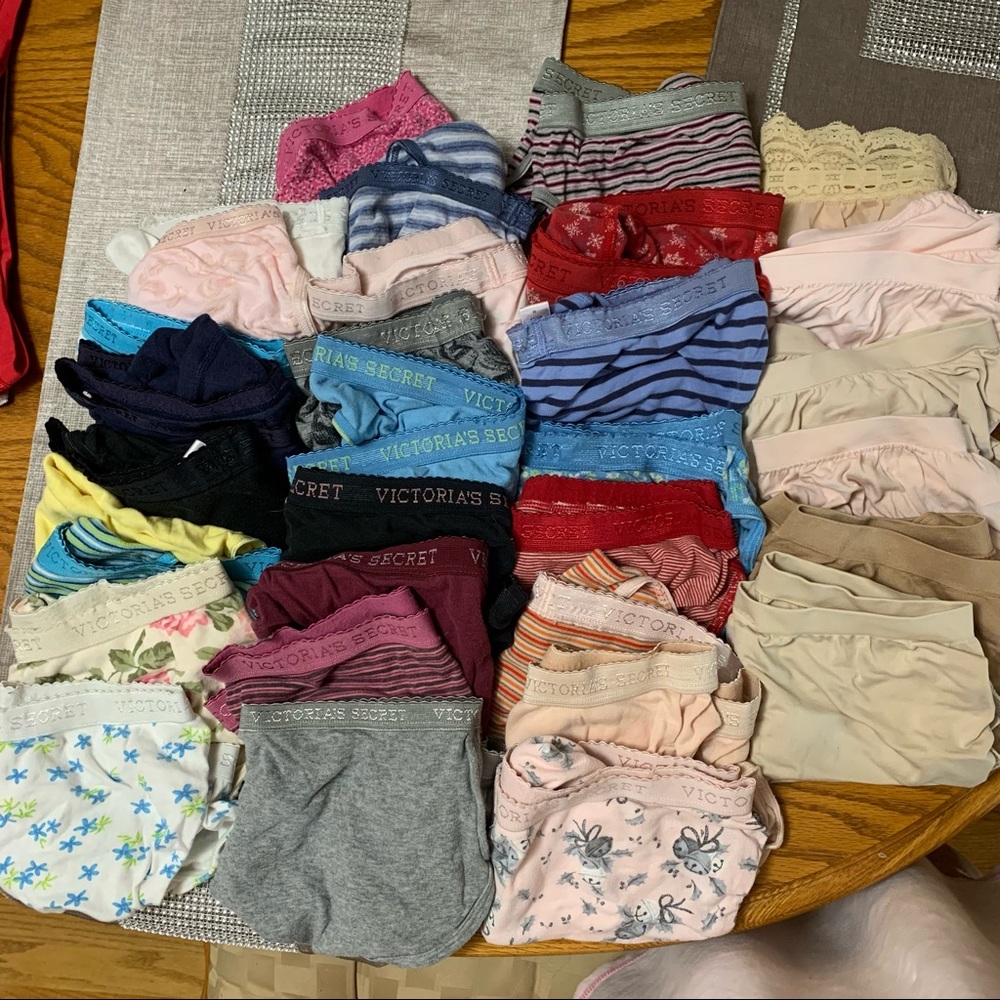 32 pair size M cotton Victoria Secret panties. Briefs, bikini, and hipsters.